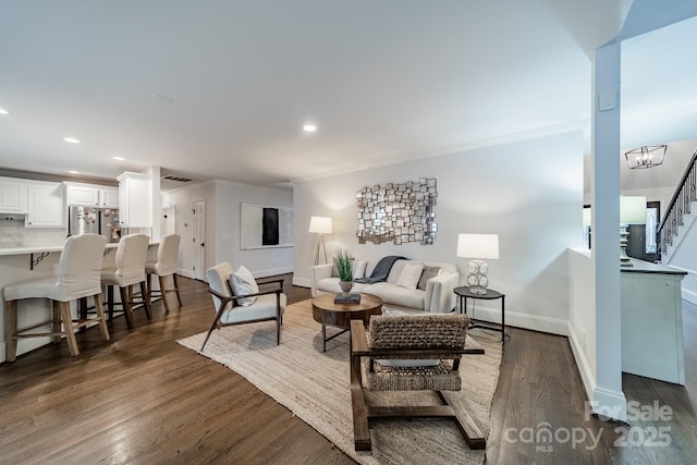 1121 S Wendover Rd, Charlotte, NC 28211 - living area with baseboards, dark wood-style flooring, recessed lighting, stairway, and crown molding