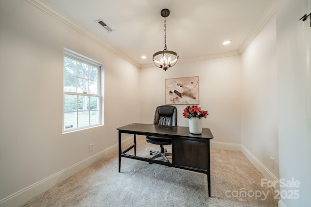 1121 S Wendover Rd, Charlotte, NC 28211 - carpeted home office featuring baseboards, ornamental molding, recessed lighting, and a chandelier