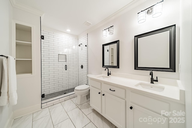1121 S Wendover Rd, Charlotte, NC 28211 - bathroom with double vanity, a stall shower, crown molding, and toilet