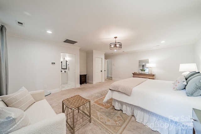 1121 S Wendover Rd, Charlotte, NC 28211 - bedroom featuring light colored carpet, recessed lighting, crown molding, baseboards, and a chandelier