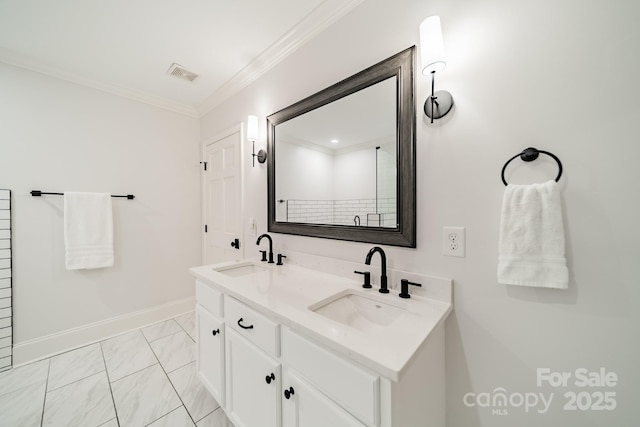1121 S Wendover Rd, Charlotte, NC 28211 - full bathroom featuring crown molding, double vanity, and baseboards