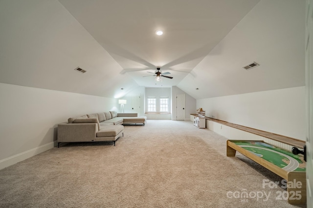 1121 S Wendover Rd, Charlotte, NC 28211 - recreation room featuring vaulted ceiling, light colored carpet, ceiling fan, and baseboards
