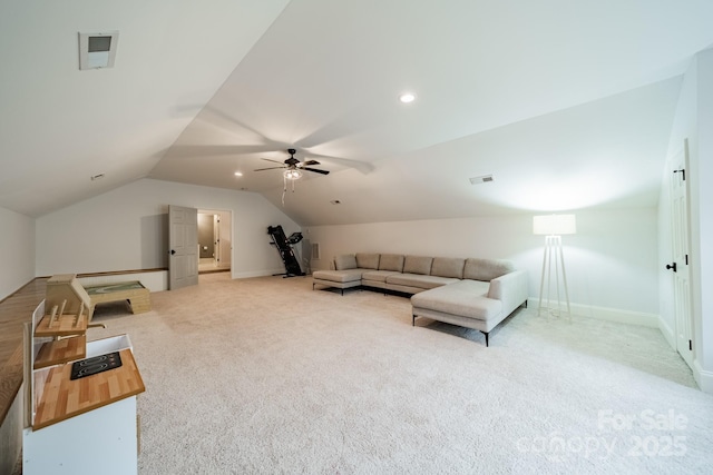 1121 S Wendover Rd, Charlotte, NC 28211 - unfurnished living room with light colored carpet, lofted ceiling, ceiling fan, baseboards, and recessed lighting