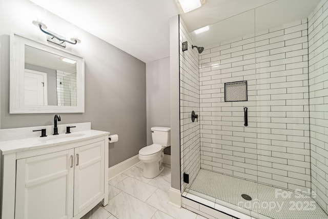 1121 S Wendover Rd, Charlotte, NC 28211 - bathroom with toilet, marble look tile flooring, a stall shower, vanity, and baseboards