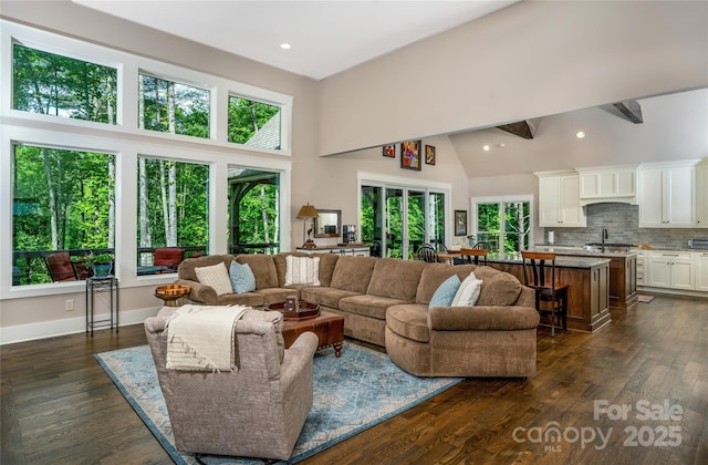 1003 Glory Dr Unit 60, Morganton, NC 28655 - living area featuring high vaulted ceiling, dark wood-style flooring, and recessed lighting