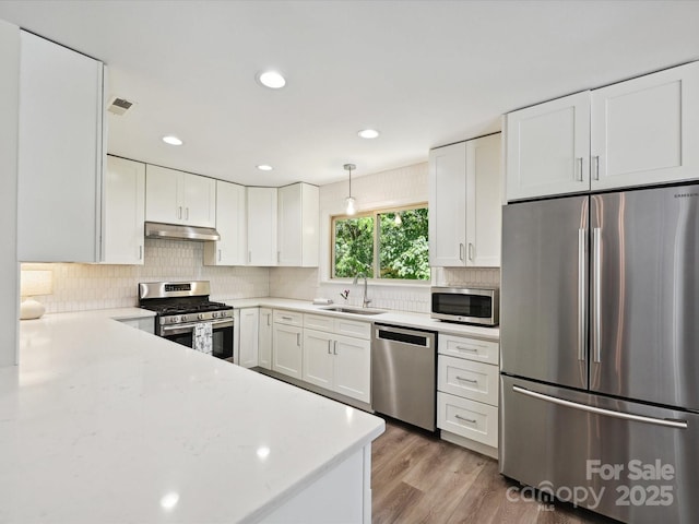 3531 Bon Rea Dr, Charlotte, NC 28226 - kitchen featuring appliances with stainless steel finishes, a sink, under cabinet range hood, white cabinets, and recessed lighting
