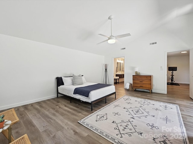 3531 Bon Rea Dr, Charlotte, NC 28226 - bedroom featuring wood finished floors, baseboards, high vaulted ceiling, and ceiling fan