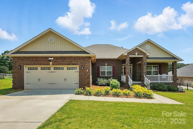 141 Tall Fern Loop, Mooresville, NC 28117 - view of front of house with board and batten siding, brick siding, a front yard, a porch, and a garage