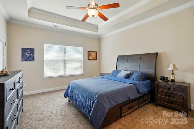 141 Tall Fern Loop, Mooresville, NC 28117 - bedroom with light colored carpet, ornamental molding, a tray ceiling, baseboards, and a ceiling fan