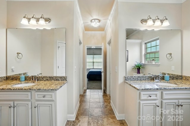 141 Tall Fern Loop, Mooresville, NC 28117 - bathroom featuring baseboards, two vanities, crown molding, and ensuite bath