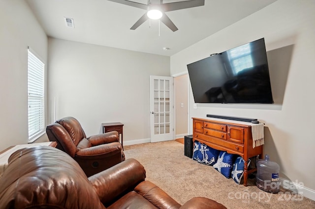 141 Tall Fern Loop, Mooresville, NC 28117 - carpeted living room featuring ceiling fan, baseboards, and french doors