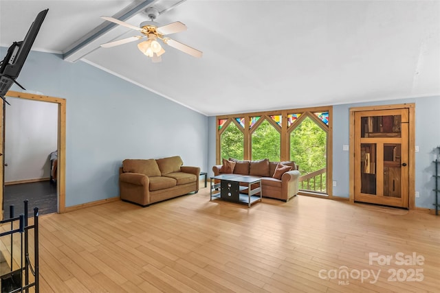 42 Evita Cove Rd, Weaverville, NC 28787 - living area with light wood-style floors, ceiling fan, baseboards, and ornamental molding