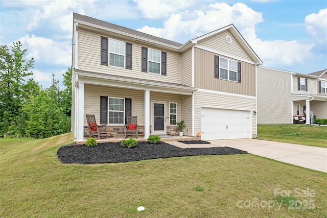 2340 Lanza Dr, Charlotte, NC 28215 - traditional-style house featuring a porch, concrete driveway, a garage, and a front yard