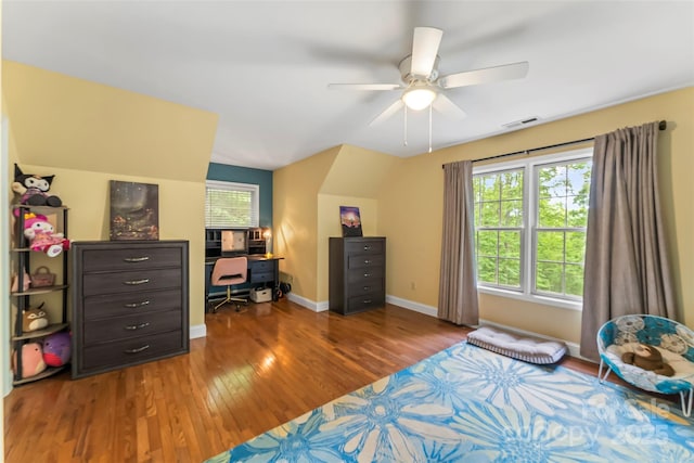 32 Evita Cove Rd, Weaverville, NC 28787 - bedroom featuring wood finished floors, baseboards, an office area, ceiling fan, and lofted ceiling