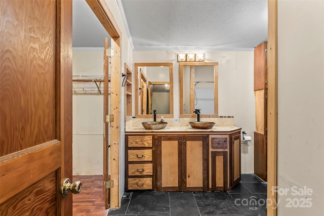 32 Evita Cove Rd, Weaverville, NC 28787 - bathroom with double vanity, a textured ceiling, and ornamental molding