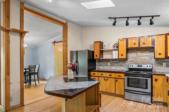 32 Evita Cove Rd, Weaverville, NC 28787 - kitchen featuring open shelves, appliances with stainless steel finishes, light wood-style floors, crown molding, and backsplash