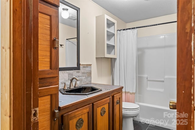 32 Evita Cove Rd, Weaverville, NC 28787 - full bathroom with toilet, vanity, decorative backsplash, shower / bath combination with curtain, and tile patterned floors