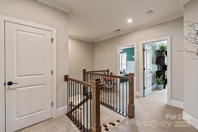 20216 Shaffer Bach Ln, Charlotte, NC 28277 - hall featuring an upstairs landing, baseboards, carpet flooring, crown molding, and recessed lighting