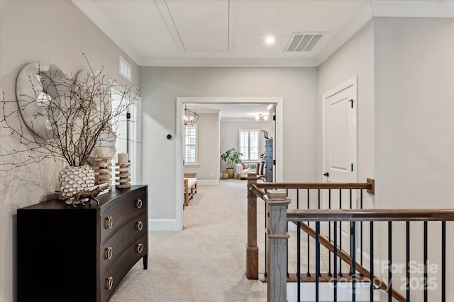 20216 Shaffer Bach Ln, Charlotte, NC 28277 - hallway with light colored carpet, an upstairs landing, attic access, and baseboards