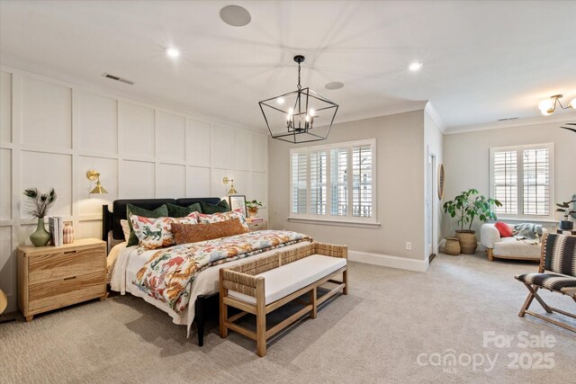 20216 Shaffer Bach Ln, Charlotte, NC 28277 - bedroom featuring crown molding, light colored carpet, a chandelier, recessed lighting, and baseboards