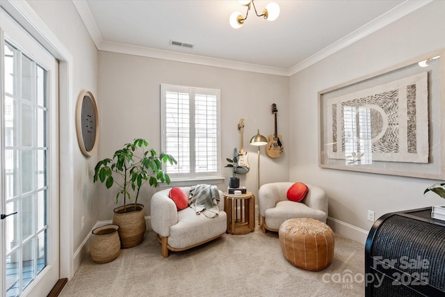 20216 Shaffer Bach Ln, Charlotte, NC 28277 - living area featuring carpet flooring, ornamental molding, and baseboards