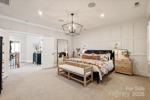 20216 Shaffer Bach Ln, Charlotte, NC 28277 - bedroom with a decorative wall, light colored carpet, ornamental molding, a chandelier, and recessed lighting