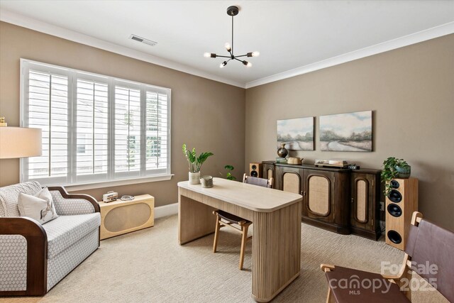 20216 Shaffer Bach Ln, Charlotte, NC 28277 - office space with a chandelier, light colored carpet, ornamental molding, and baseboards