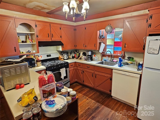 368 Settlemyre Rd, Morganton, NC 28655 - kitchen with a sink, white appliances, under cabinet range hood, dark wood finished floors, and light countertops