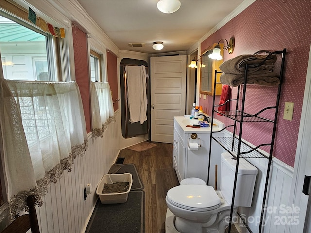 368 Settlemyre Rd, Morganton, NC 28655 - bathroom with toilet, wood finished floors, wallpapered walls, crown molding, and vanity