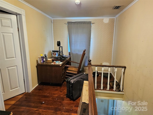 368 Settlemyre Rd, Morganton, NC 28655 - hallway with ornamental molding, hardwood / wood-style floors, and a desk