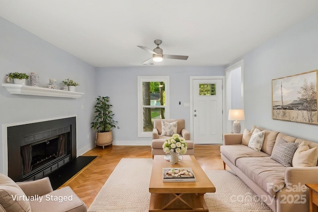 5414 Leaford Ct, Charlotte, NC 28227 - living room with a fireplace and ceiling fan