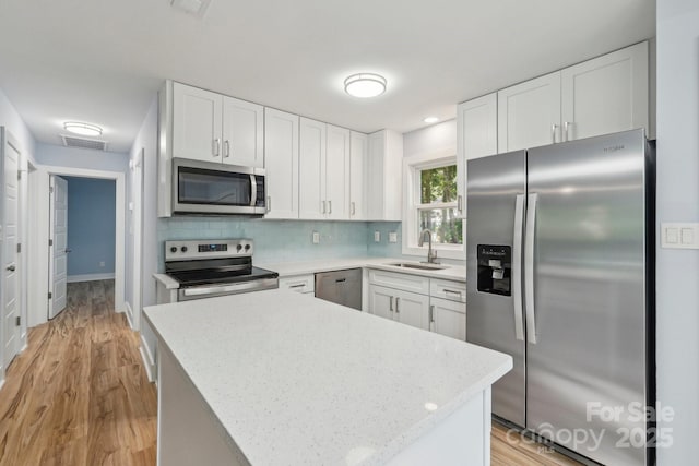 5414 Leaford Ct, Charlotte, NC 28227 - kitchen with appliances with stainless steel finishes, a sink, white cabinets, decorative backsplash, and light wood finished floors
