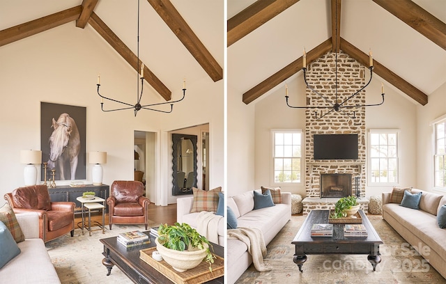 2270 New Gray Rock Rd, Fort Mill, SC 29708 - living area featuring a chandelier, high vaulted ceiling, wood finished floors, beam ceiling, and a brick fireplace