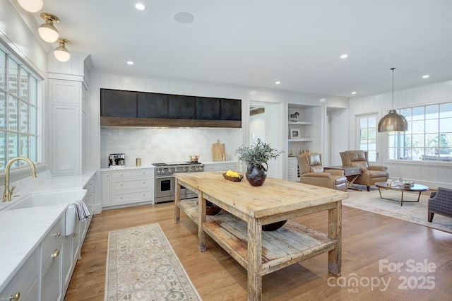 2270 New Gray Rock Rd, Fort Mill, SC 29708 - kitchen featuring high end range, light countertops, tasteful backsplash, a sink, and light wood-style floors
