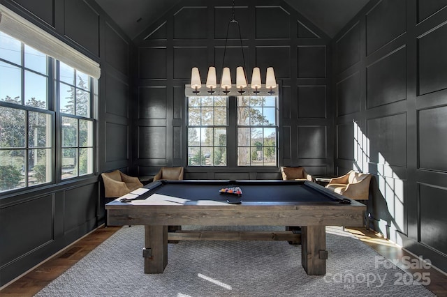 2270 New Gray Rock Rd, Fort Mill, SC 29708 - recreation room with a decorative wall, lofted ceiling, healthy amount of natural light, pool table, and wood finished floors