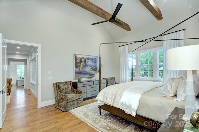 2270 New Gray Rock Rd, Fort Mill, SC 29708 - bedroom featuring beam ceiling, light wood-style flooring, high vaulted ceiling, baseboards, and ceiling fan