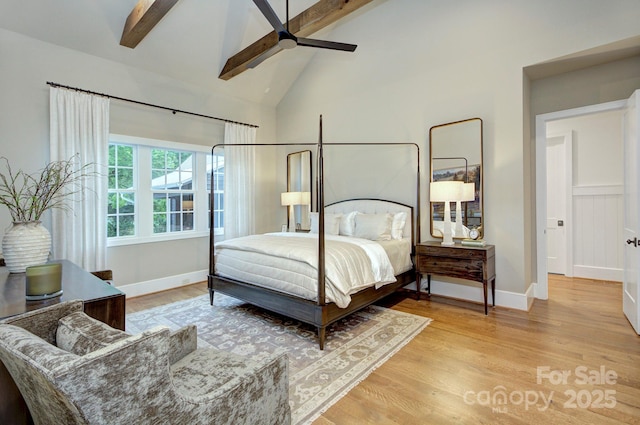 2270 New Gray Rock Rd, Fort Mill, SC 29708 - bedroom featuring beamed ceiling, light wood finished floors, baseboards, high vaulted ceiling, and ceiling fan