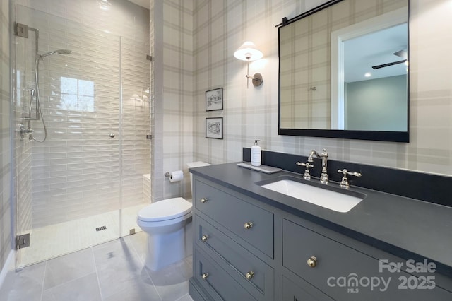 2270 New Gray Rock Rd, Fort Mill, SC 29708 - full bathroom featuring a stall shower, vanity, toilet, wallpapered walls, and tile patterned floors