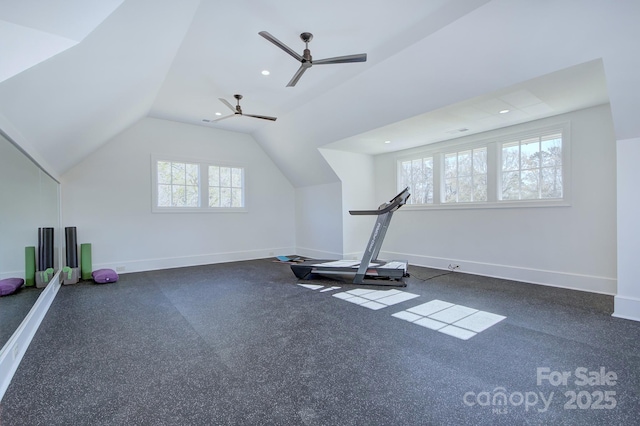 2270 New Gray Rock Rd, Fort Mill, SC 29708 - workout room with vaulted ceiling, baseboards, and a ceiling fan