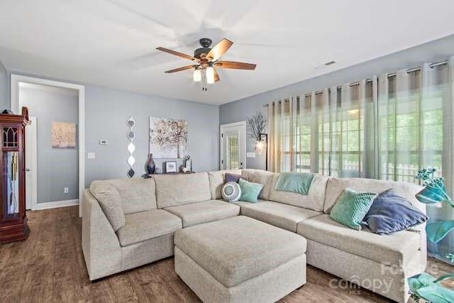 1155 Rudder Cir, Salisbury, NC 28146 - living room featuring ceiling fan, wood finished floors, and baseboards