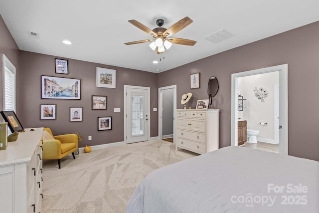 1155 Rudder Cir, Salisbury, NC 28146 - bedroom featuring baseboards, light colored carpet, recessed lighting, ensuite bathroom, and a ceiling fan