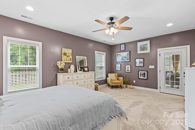 1155 Rudder Cir, Salisbury, NC 28146 - bedroom with light colored carpet, baseboards, recessed lighting, and ceiling fan