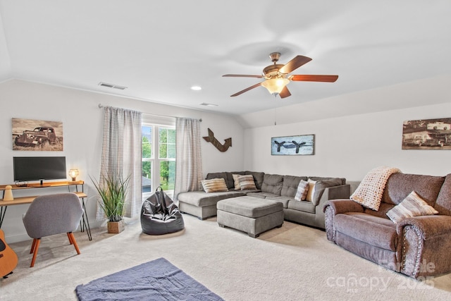 1155 Rudder Cir, Salisbury, NC 28146 - living room with carpet floors, vaulted ceiling, and a ceiling fan