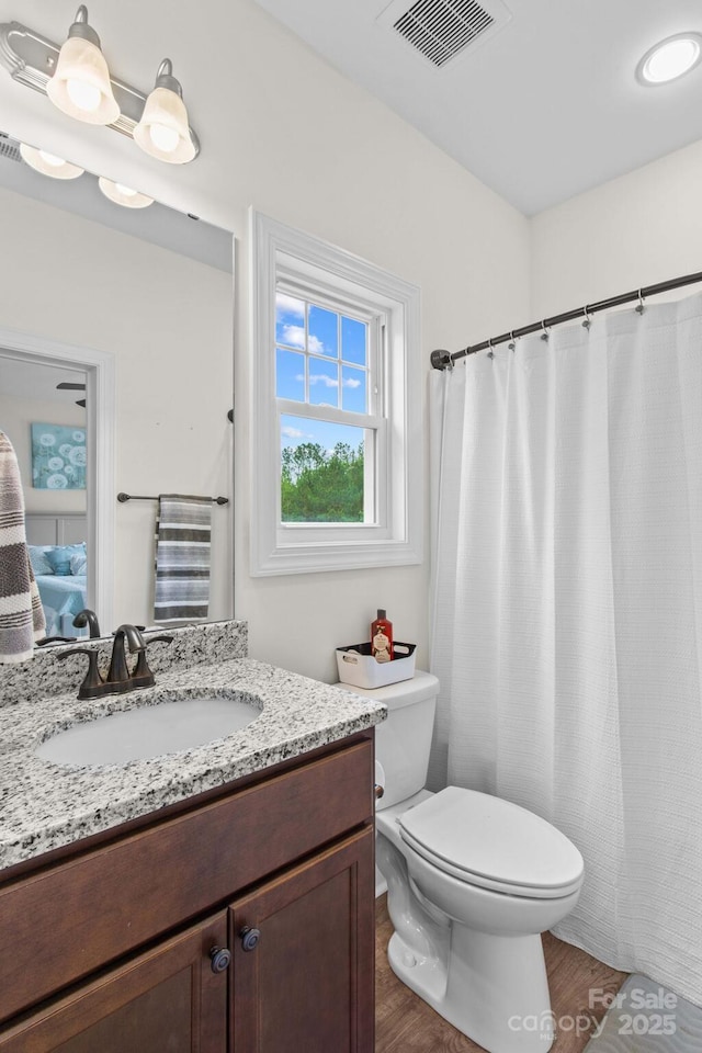 1155 Rudder Cir, Salisbury, NC 28146 - bathroom featuring toilet, vanity, wood finished floors, and curtained shower