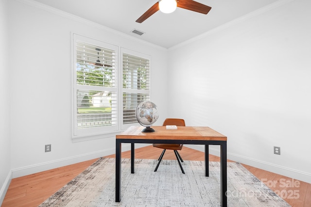 14923 Almondell Dr, Huntersville, NC 28078 - office space with a ceiling fan, ornamental molding, baseboards, and light wood-style floors