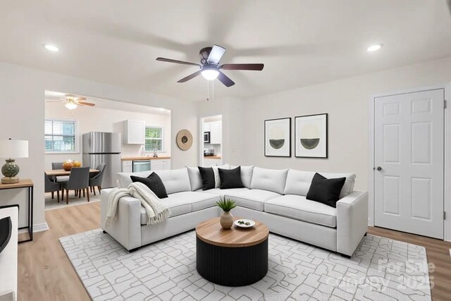 818 Stowe Ln, Gastonia, NC 28056 - living room with a ceiling fan, light wood finished floors, and recessed lighting