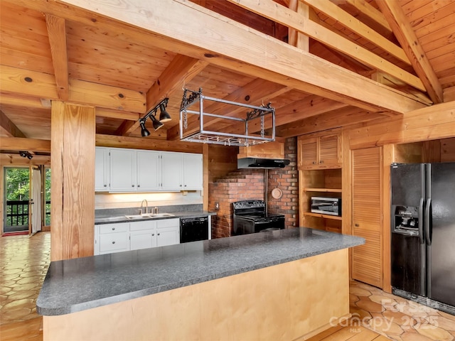 429 Biodome Dr, Waynesville, NC 28785 - kitchen with black appliances, wooden ceiling with exposed beams, a sink, dark countertops, and white cabinets