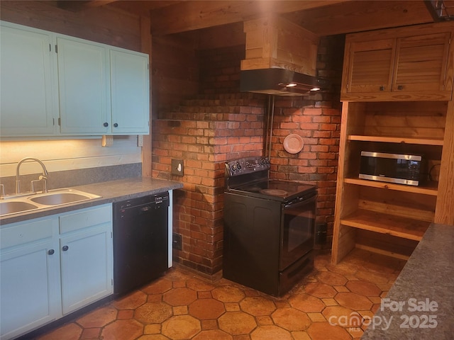 429 Biodome Dr, Waynesville, NC 28785 - kitchen with black appliances, a sink, blue cabinetry, and light tile patterned floors