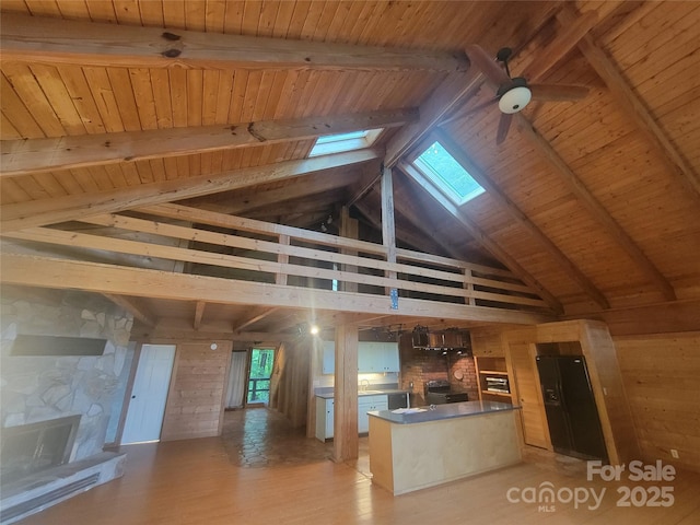 429 Biodome Dr, Waynesville, NC 28785 - kitchen with a skylight, wooden ceiling with exposed beams, high vaulted ceiling, light wood-style flooring, and wooden walls