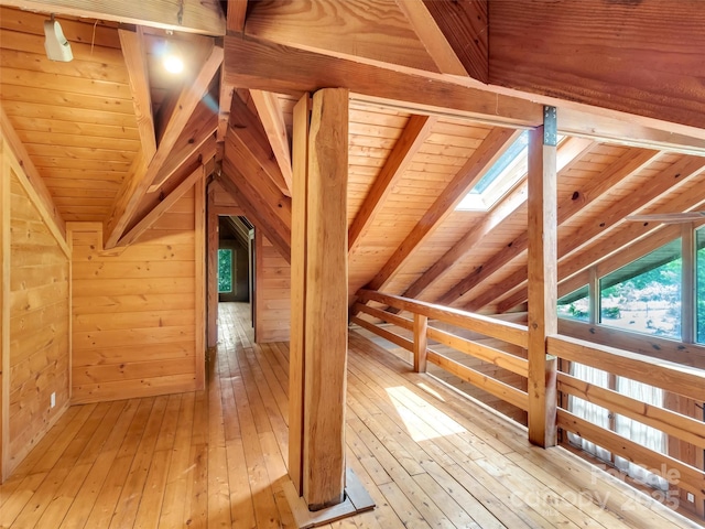 429 Biodome Dr, Waynesville, NC 28785 - bonus room featuring light wood-type flooring, wood ceiling, a skylight, a relaxing sauna, and wood walls